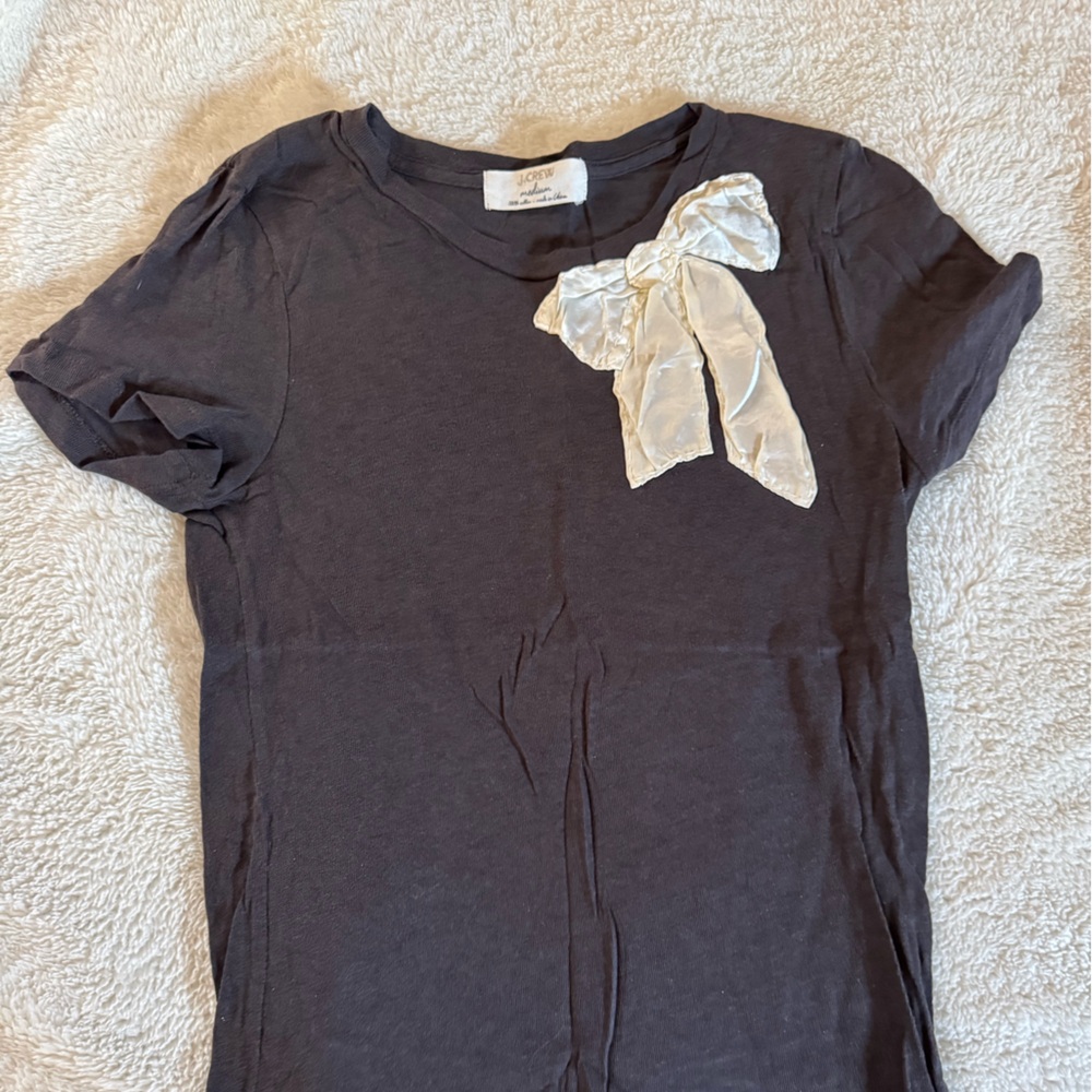 J. Crew Dark Gray Tee with Ivory Satin Bow